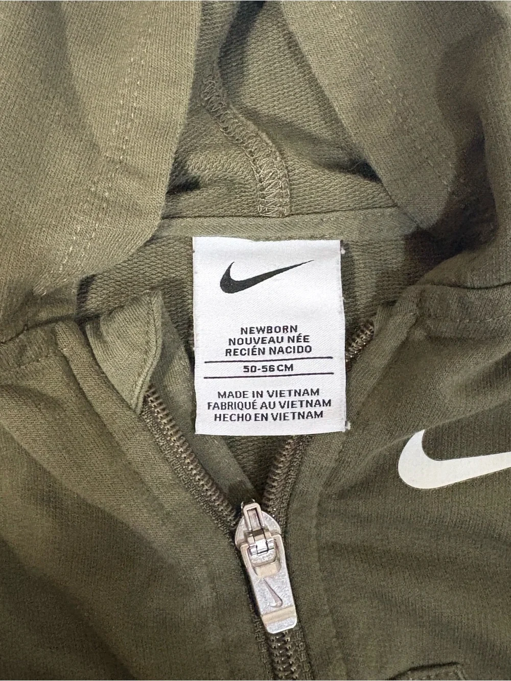 Nike Olive Hooded Baby One-Piece with White Swoosh